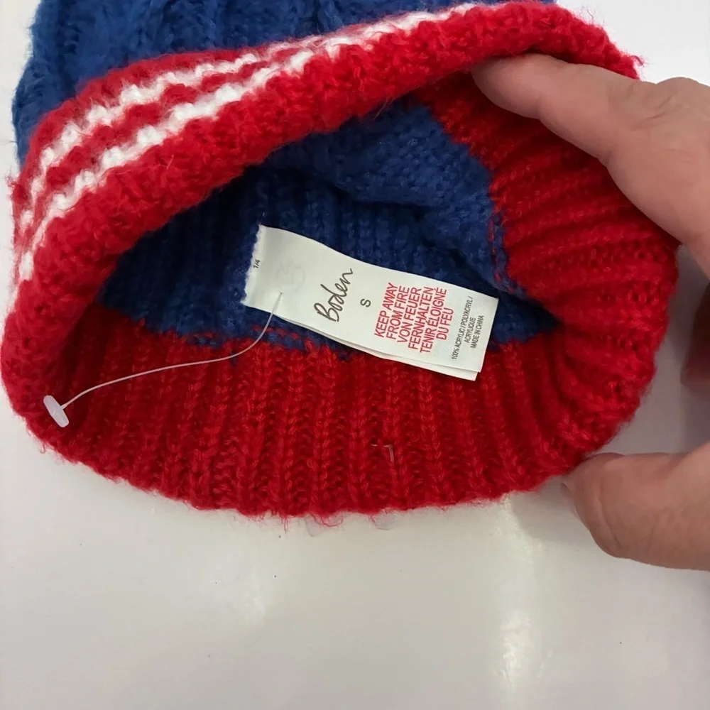 Boden Kids Blue with Red Stripes Folded Cuff Cable Knit Hat Beanie Size Small